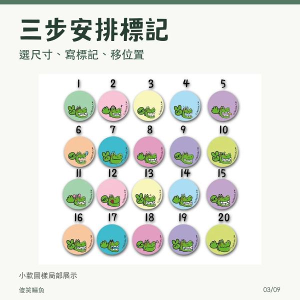 【傻笑鱷魚】圓形軟性磁鐵｜大款7入／小款40入｜班級分組與座號標記 