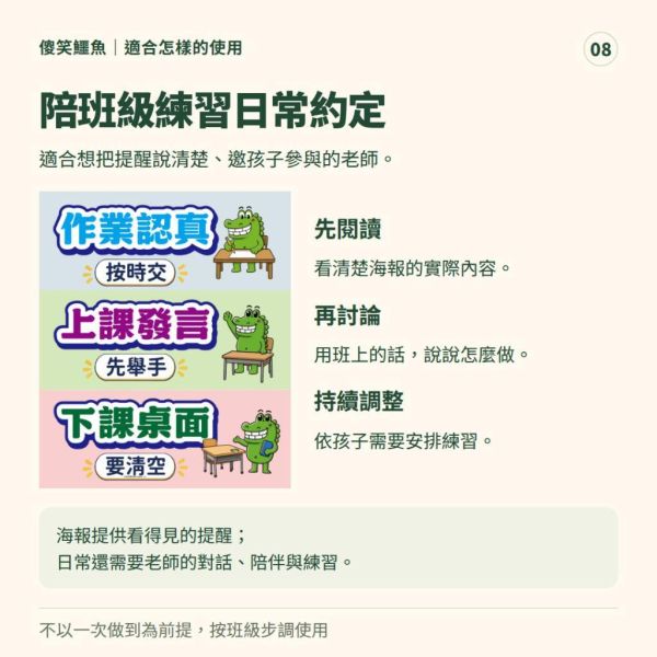 【傻笑鱷魚】國小班規海報2張組｜33×39cm｜六個日常提醒｜注音／無注音｜班級經營教室佈置 