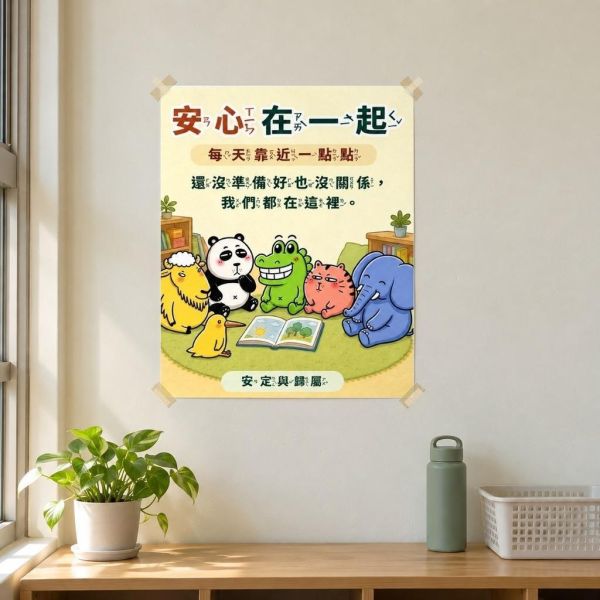 【傻笑鱷魚】安定與歸屬班級主題組｜海報・留言卡10張・圓貼10枚・教師明信片｜注音／無注音 