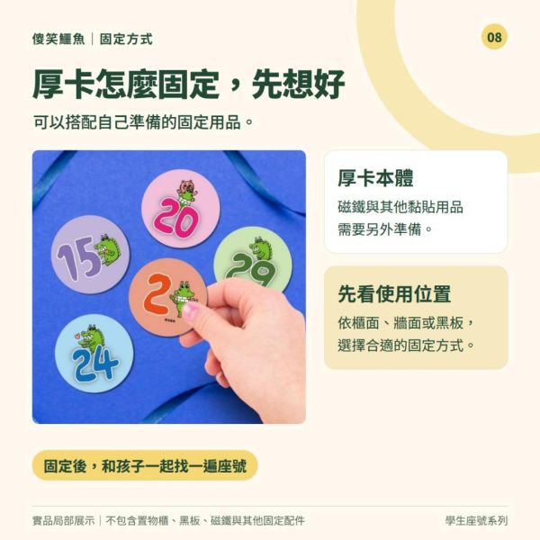 【傻笑鱷魚】學生座號貼紙・厚卡｜9／5／2.5cm｜1–32／40號｜教室收納標示 