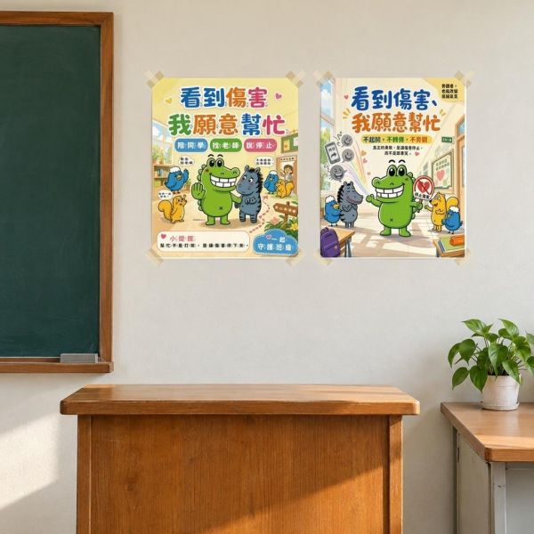 【傻笑鱷魚】反霸凌班級海報2張組｜注音／無注音｜33×39cm｜友善校園・教室佈置 