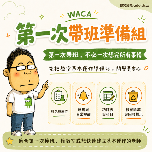 第一次帶班準備組｜國小老師開學班級經營與教室運作工具包 第一次帶班,新手老師,國小導師,開學準備,班級經營,教室佈置,班規海報,姓名桌牌,座號貼紙,功課表,科目貼紙,教室區域標示,傻笑鱷魚