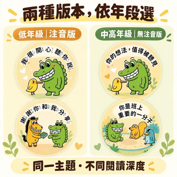 【傻笑鱷魚】安定與歸屬班級主題組｜海報・留言卡10張・圓貼10枚・教師明信片｜注音／無注音 