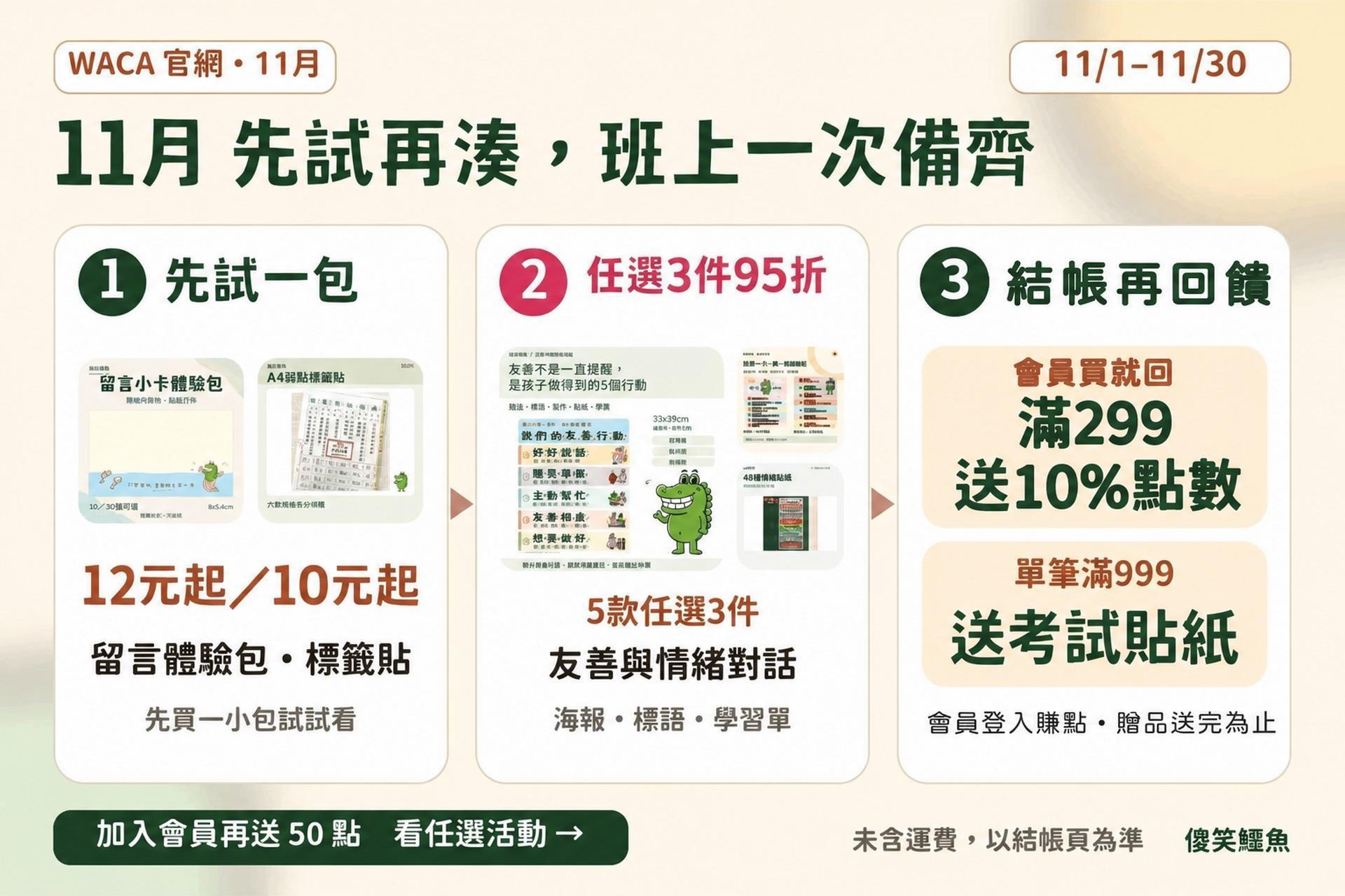 11 月先試再湊：留言體驗包 12 元起、友善與情緒對話 5 款任選 3 件 95 折、會員券滿 199 折 20，11/30 止