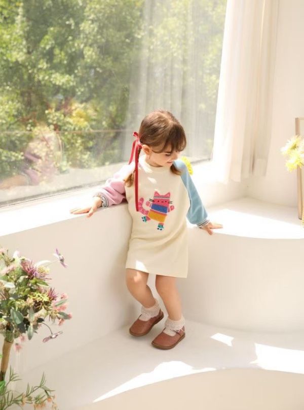 彩色小貓拼色長袖洋裝 