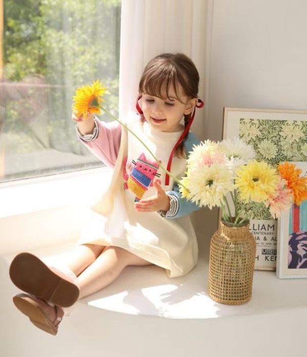 彩色小貓拼色長袖洋裝 