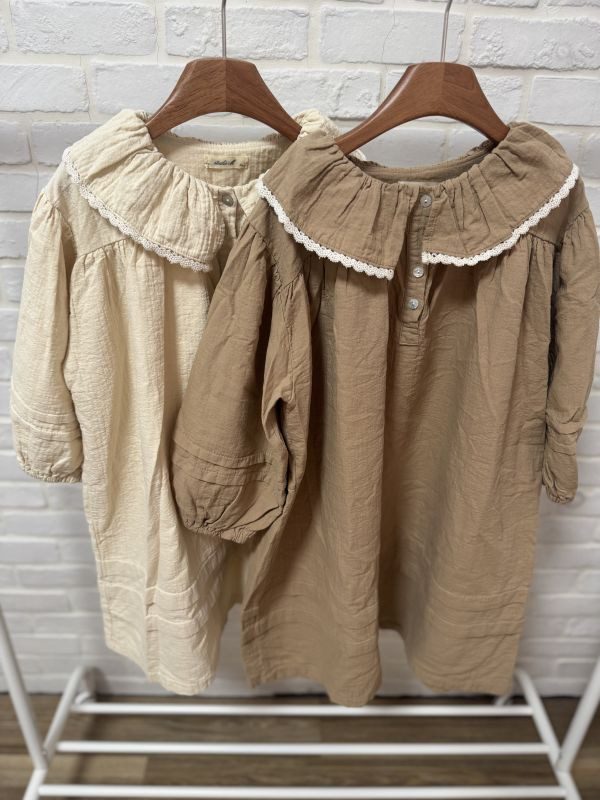 法式蕾絲領棉麻洋裝 