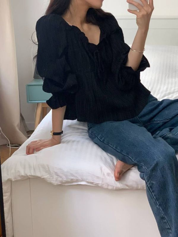 浪漫皺摺綁帶上衣（薄款） 