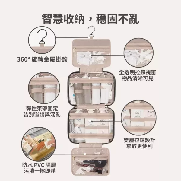 【美國Bagsmart】掛式防水化妝包 洗漱包 盥洗包 防水材質 多隔層 束帶固定 透明拉鍊隔層 化妝品隔層 