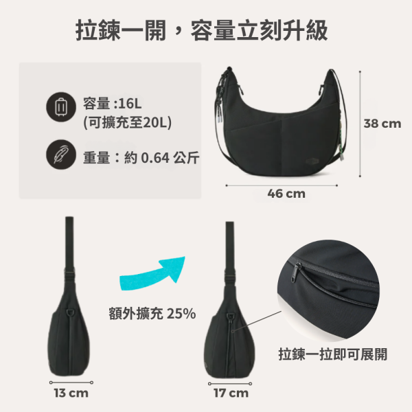 【美國Bagsmart】大容量半月包 16L 半月包 腋下包 原廠保固 單肩包 多隔層 可擴充設計 肩背袋可調 
