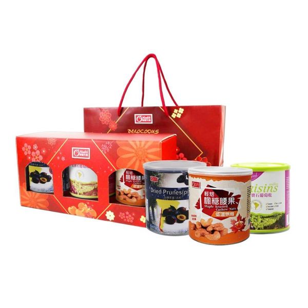 【康健生機 O Health】美味食光禮盒｜智利金牌黑棗乾250g(罐)、紅寶石葡萄乾380g(罐)、 輕烘焙楓糖腰果150g(罐)，共1盒開窗禮盒(附1個禮袋) 