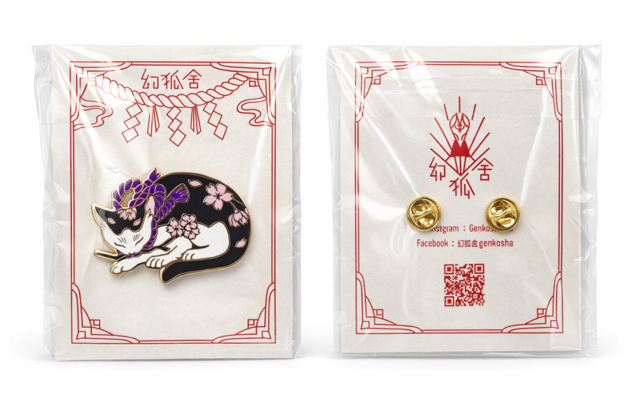 幻狐舍-琺瑯別針（胸針）紫色 幻狐舍, Genkosha, 琺瑯別針, 黑白貓別針, 櫻花別針, 日系飾品, 日本神話風, 原創設計別針, 貓咪飾品, 插畫風別針, 鍍金琺瑯