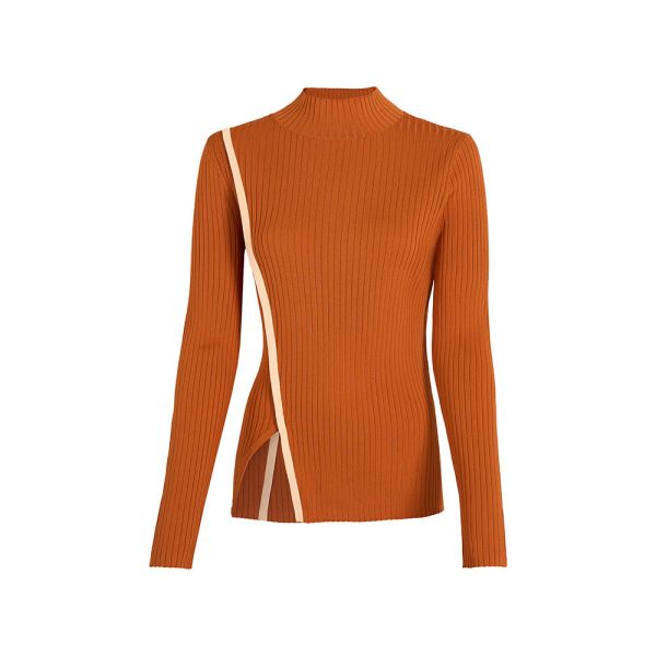 【 MALBON 】女款開衩高領針織衫 棕色 