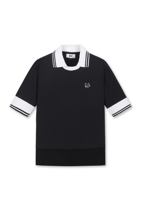 【 WAAC S現貨 】女款短袖領口條紋POLO衫 黑 