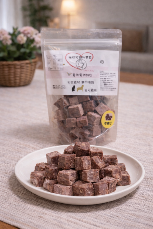 牛肉丁凍乾-愛心＋認購商品 嚴選天然原料製作,低溫凍乾保留營養與香氣,
無添加、無防腐劑,毛孩最單純的美味。