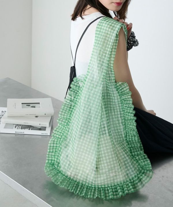 透明格紋雙面荷葉手提包 