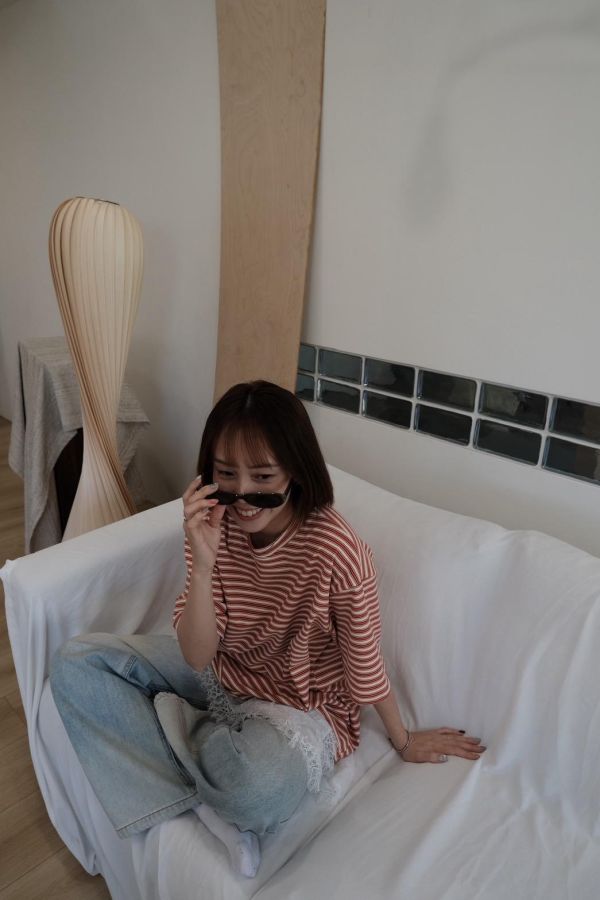 奶油絨寬版條紋短踢 