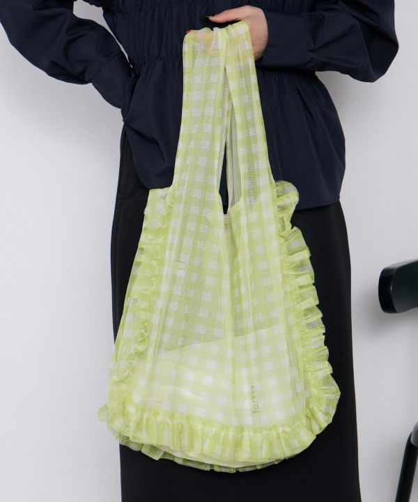 透明格紋雙面荷葉手提包 