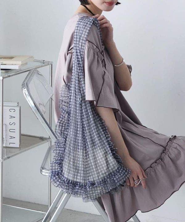 透明格紋雙面荷葉手提包 