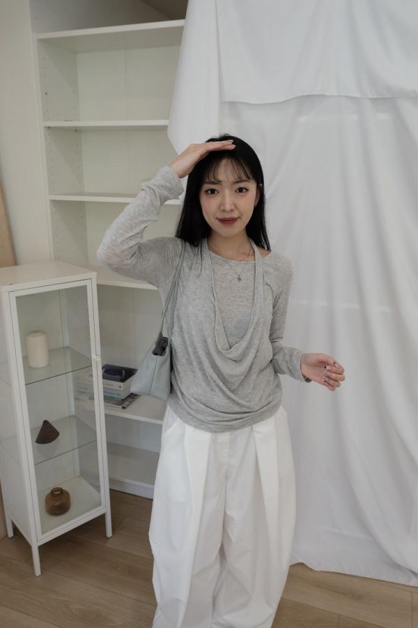 繞脖假兩件上衣 