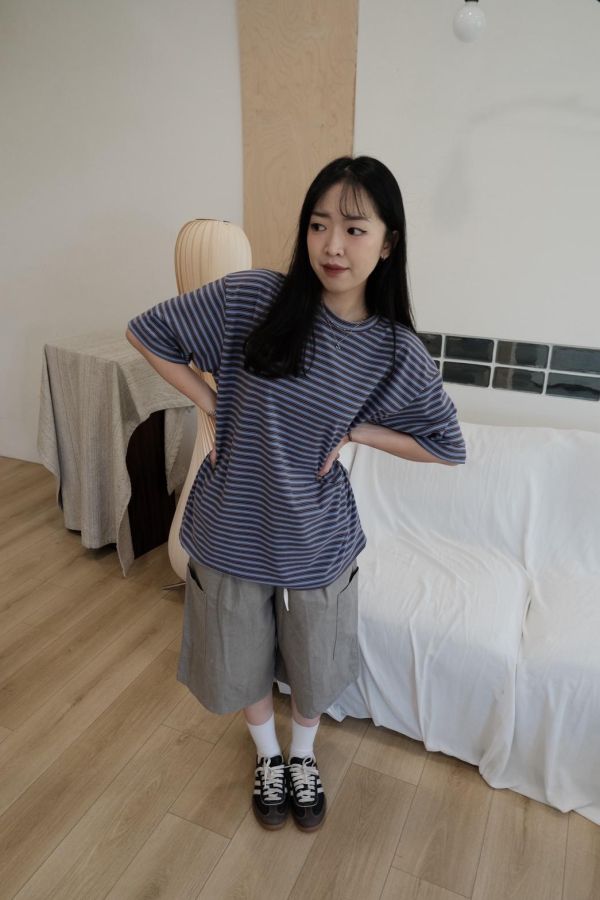 奶油絨寬版條紋短踢 