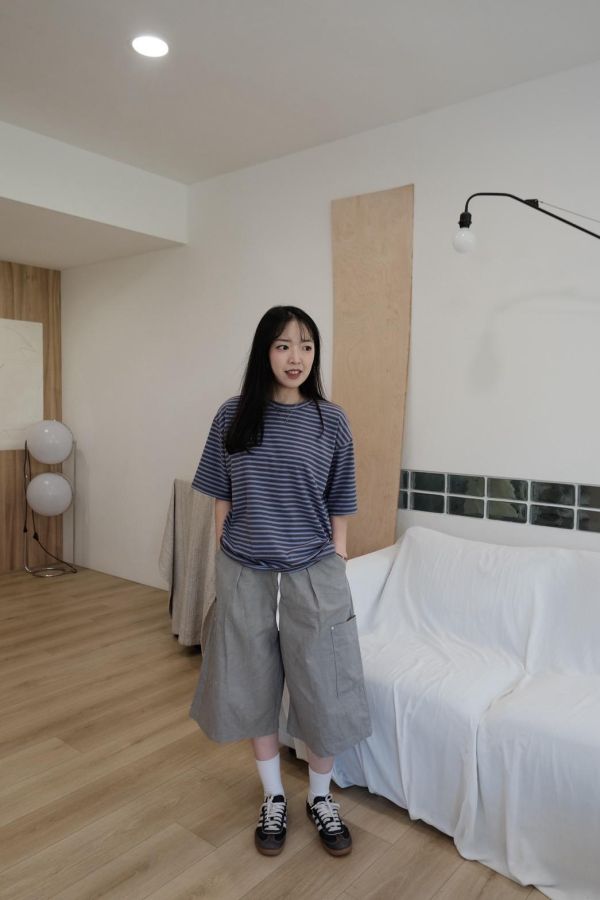 奶油絨寬版條紋短踢 