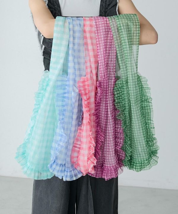 透明格紋雙面荷葉手提包 