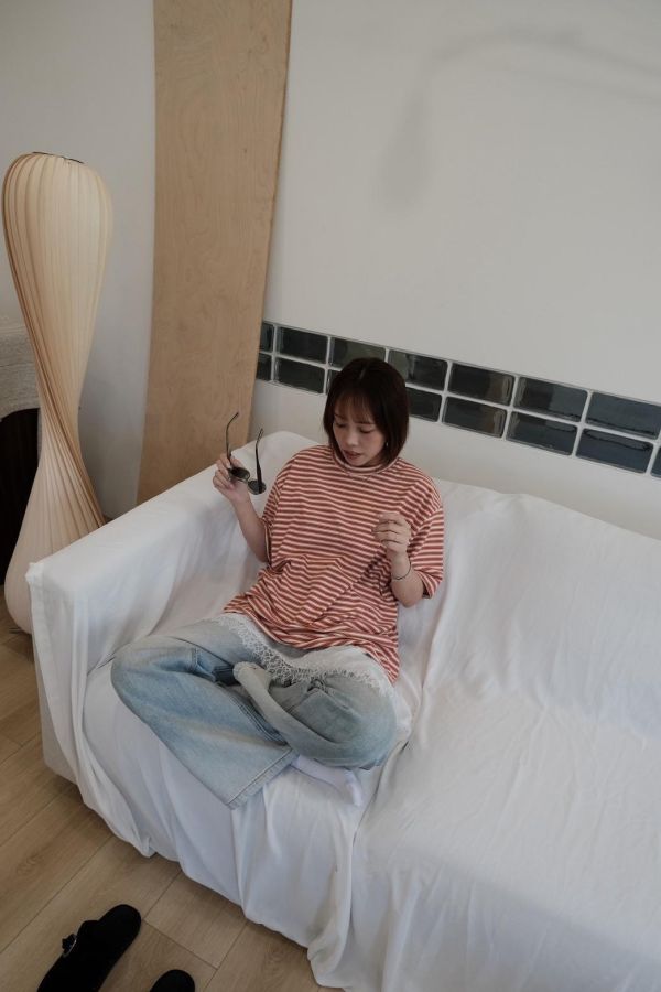 奶油絨寬版條紋短踢 