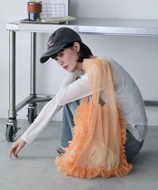 透明格紋雙面荷葉手提包 