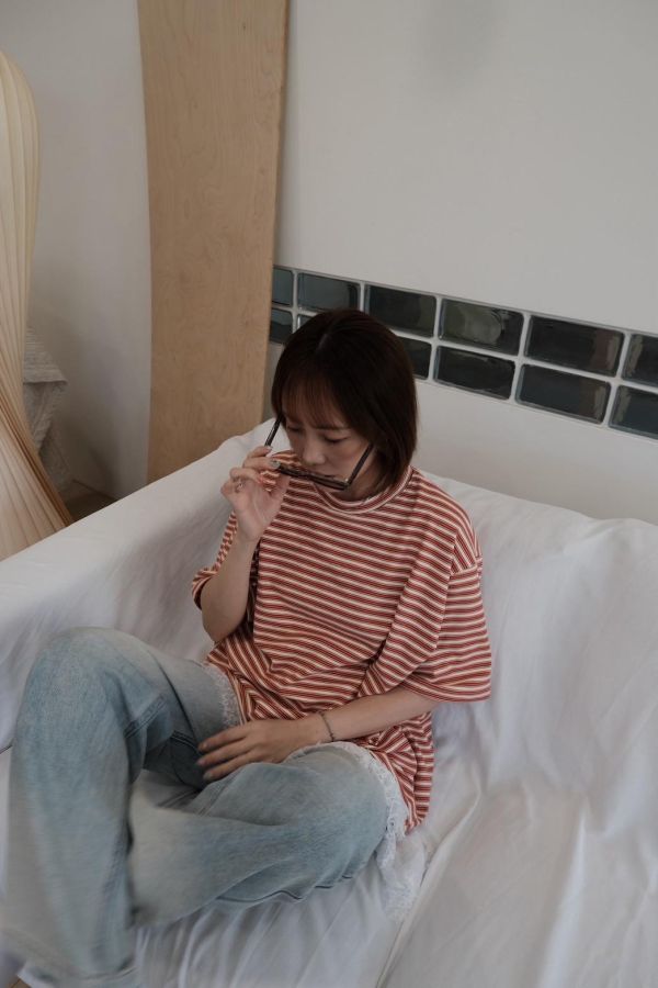 奶油絨寬版條紋短踢 