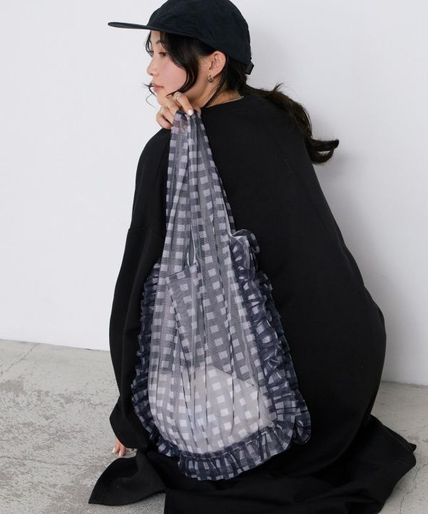 透明格紋雙面荷葉手提包 