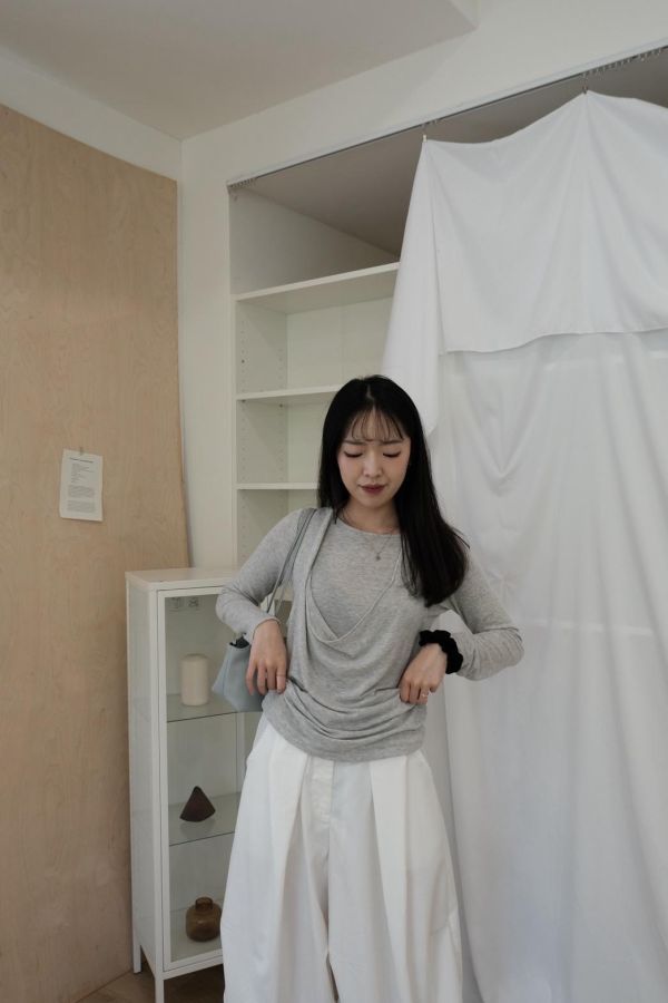 繞脖假兩件上衣 
