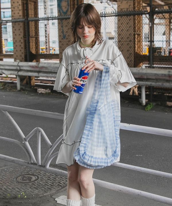 透明格紋雙面荷葉手提包 