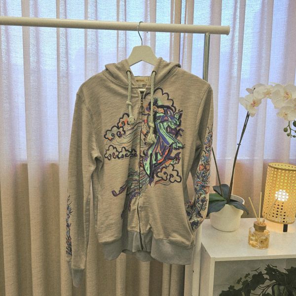 灰咖重工刺繡連帽外套 