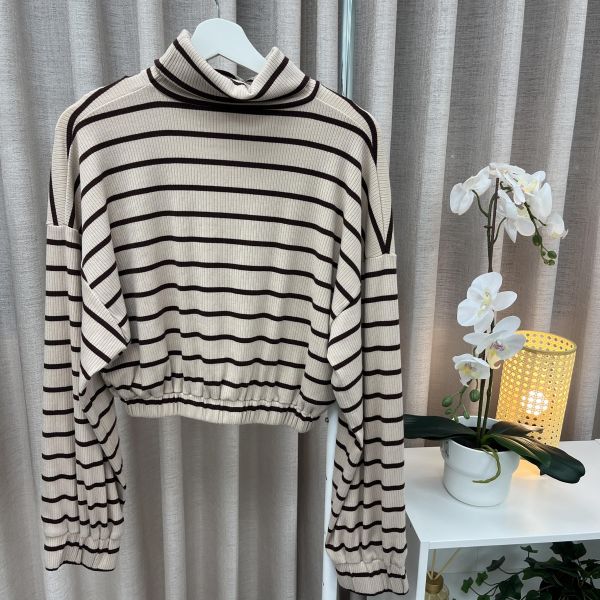 條紋高領短版T 女上衣,二手女裝,穿搭,上衣,條紋長袖,條紋上衣,高領長袖,高領上衣,高領冬衣,冬日穿搭,韓系穿搭,溫柔穿搭,氣質穿搭,短版上衣,短版長袖