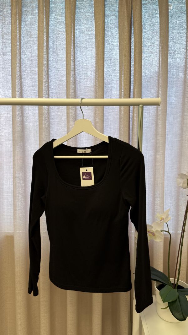 黑色顯瘦方領修身bratop長袖上衣 女上衣 / 二手女裝 / 穿搭