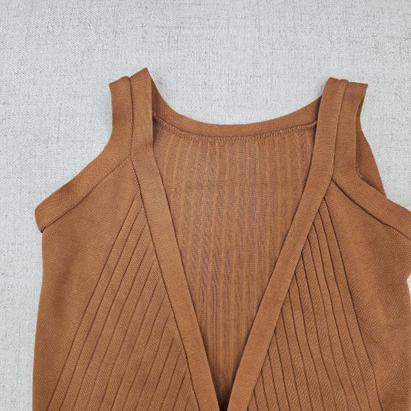 濃橘坑條交叉綁帶細肩外搭背心 女上衣 / 二手女裝 / 穿搭