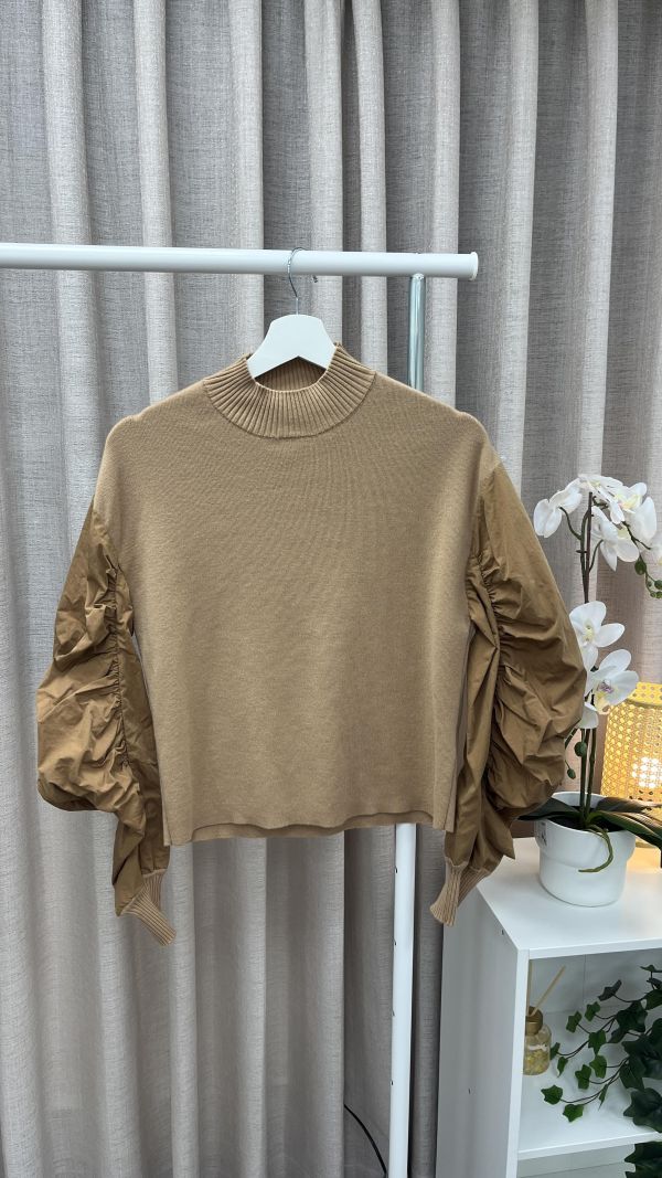 咖色抓皺袖設計上衣 女上衣,二手女裝,穿搭,上衣,外套,襯衫 抓皺 澎袖