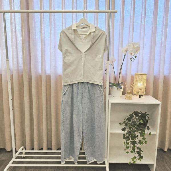 抽繩淺藍牛仔寬褲 二手女裙褲 / 長裙短裙 / 長褲短褲 / 穿搭推薦 / 高CP服飾