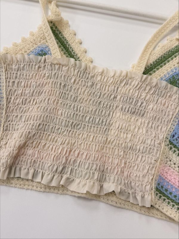 復古波西米亞風｜多色拼接鉤針手工感短版細肩帶背心 女上衣,二手女裝,穿搭,上衣,外套,襯衫