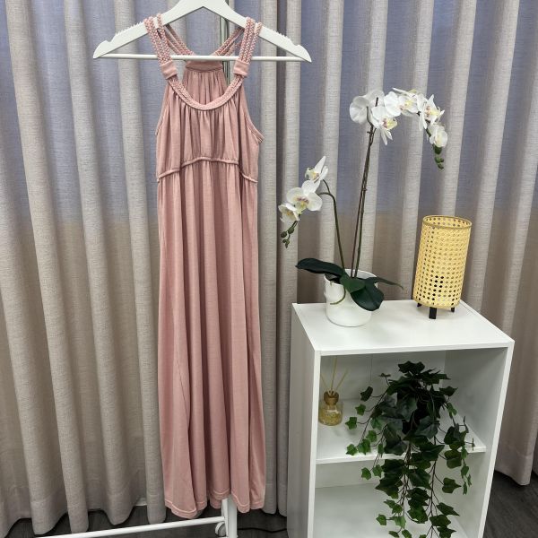 雯柔粉色掛脖吊帶長裙 二手女裙褲,長裙,短裙,長褲,短褲,穿搭推薦,高CP服飾,洋裝,吊帶褲,吊帶裙 掛脖