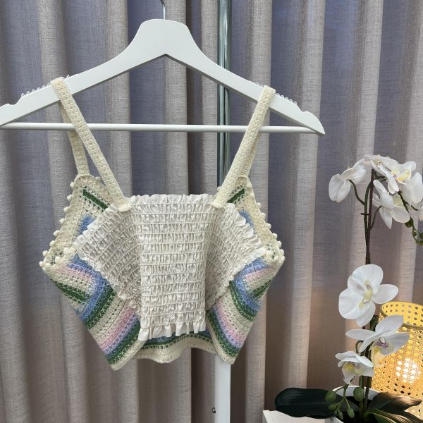 復古波西米亞風｜多色拼接鉤針手工感短版細肩帶背心 女上衣,二手女裝,穿搭,上衣,外套,襯衫