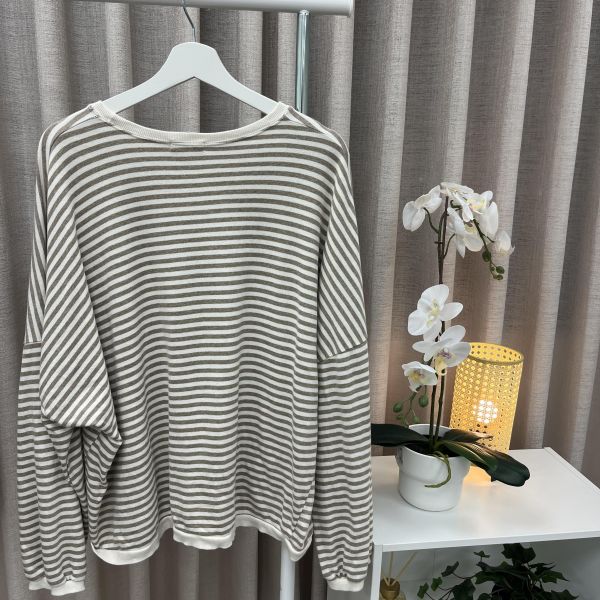 米棕條紋圓領大學T 女上衣,二手女裝,穿搭,上衣,外套,襯衫 條紋 撞色