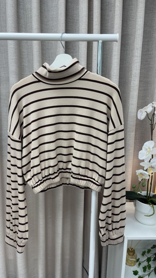 條紋高領短版T 女上衣,二手女裝,穿搭,上衣,條紋長袖,條紋上衣,高領長袖,高領上衣,高領冬衣,冬日穿搭,韓系穿搭,溫柔穿搭,氣質穿搭,短版上衣,短版長袖