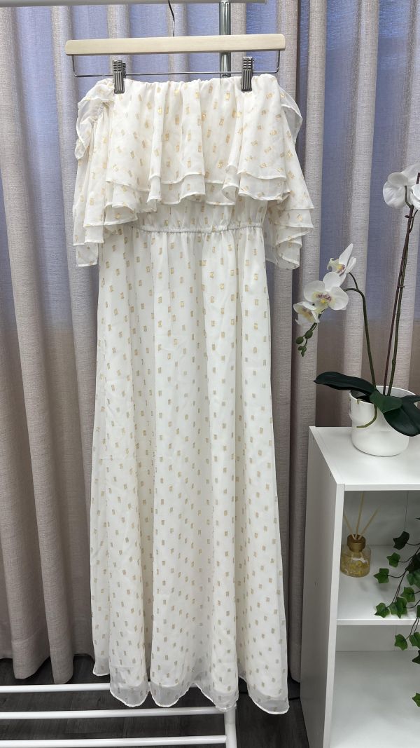 米白氣質連身平口長裙 二手女裙褲,長裙,短裙,長褲,短褲,穿搭推薦,高CP服飾,洋裝,吊帶褲,吊帶裙 碎花 平口