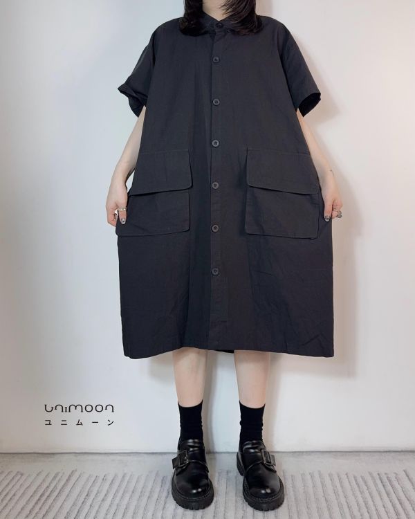 𝟮𝟲𝟯𝟮𝟬 純黑畫布翻蓋口袋襯衫洋裝 