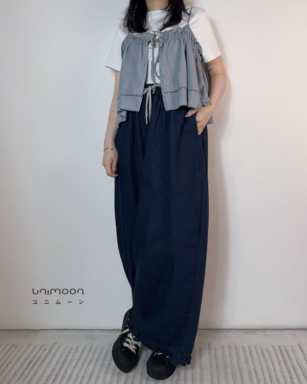 𝟮𝟲𝟰𝟭𝟮 混色繫帶花邊微繭型燈籠牛仔寬褲 