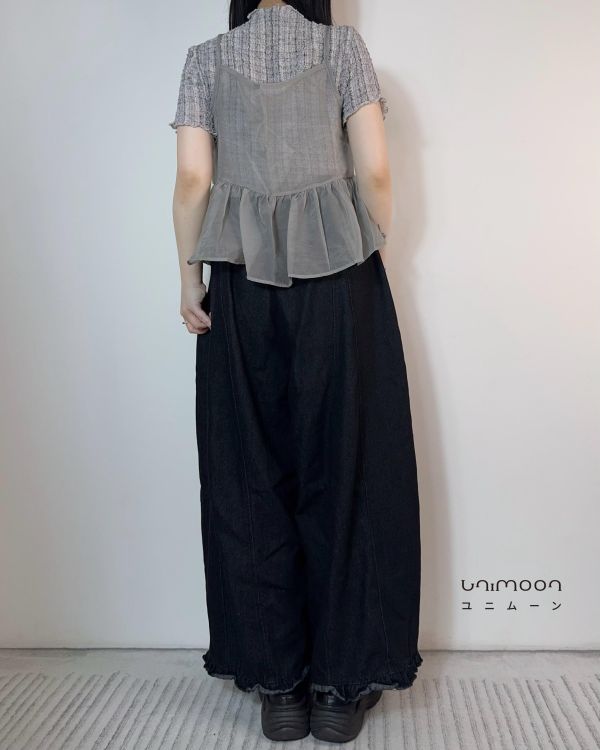 𝟮𝟲𝟰𝟭𝟮 混色繫帶花邊微繭型燈籠牛仔寬褲 