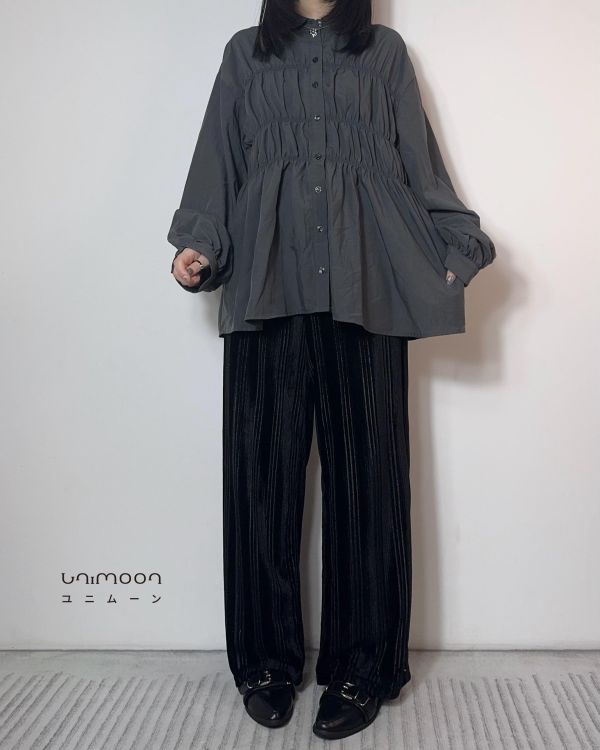 𝟮𝟲𝟮𝟬𝟰 天灰灰蓮藕感拼接設計門襟燈籠袖襯衫 