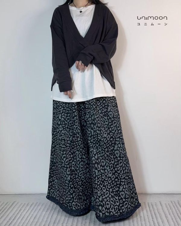 ɴᴏᴠ 𝟮𝟱-𝟮𝟮 丹寧豹紋木耳卷邊寬褲裙 